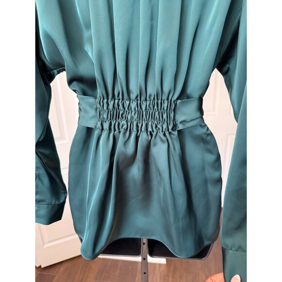 MISA Los Angeles XS Womens Emerald Green Satin Wrap Jacket Blouse Belted - Picture 11 of 11